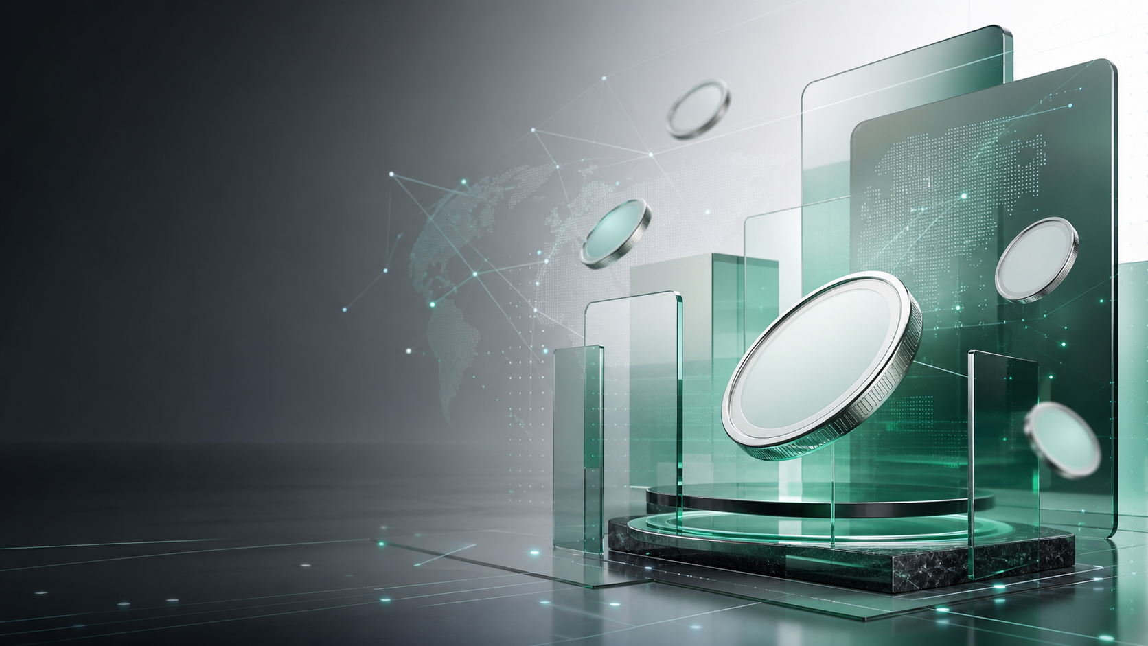 Abstract digital finance platform with glass surfaces and tokens